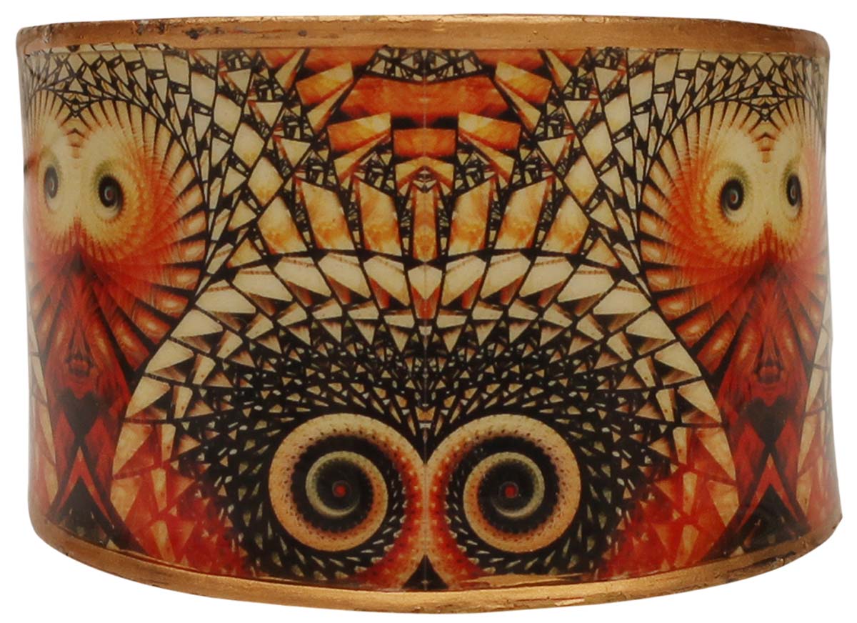 2.6” Golden Brass Cuff Bracelet with Orange Black Abstract Pattern - Trendy Accessories / Jewelry / Gifts for Her - Buy in Bulk Wholesale